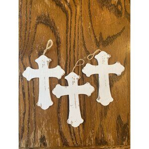 Lot Of 3 Chippy White Wooden Cross Christmas Ornaments With Twine Hangers